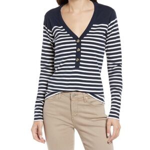 La Ligne Women's Charlie Stripe V-Neck Henley Shirt NWT